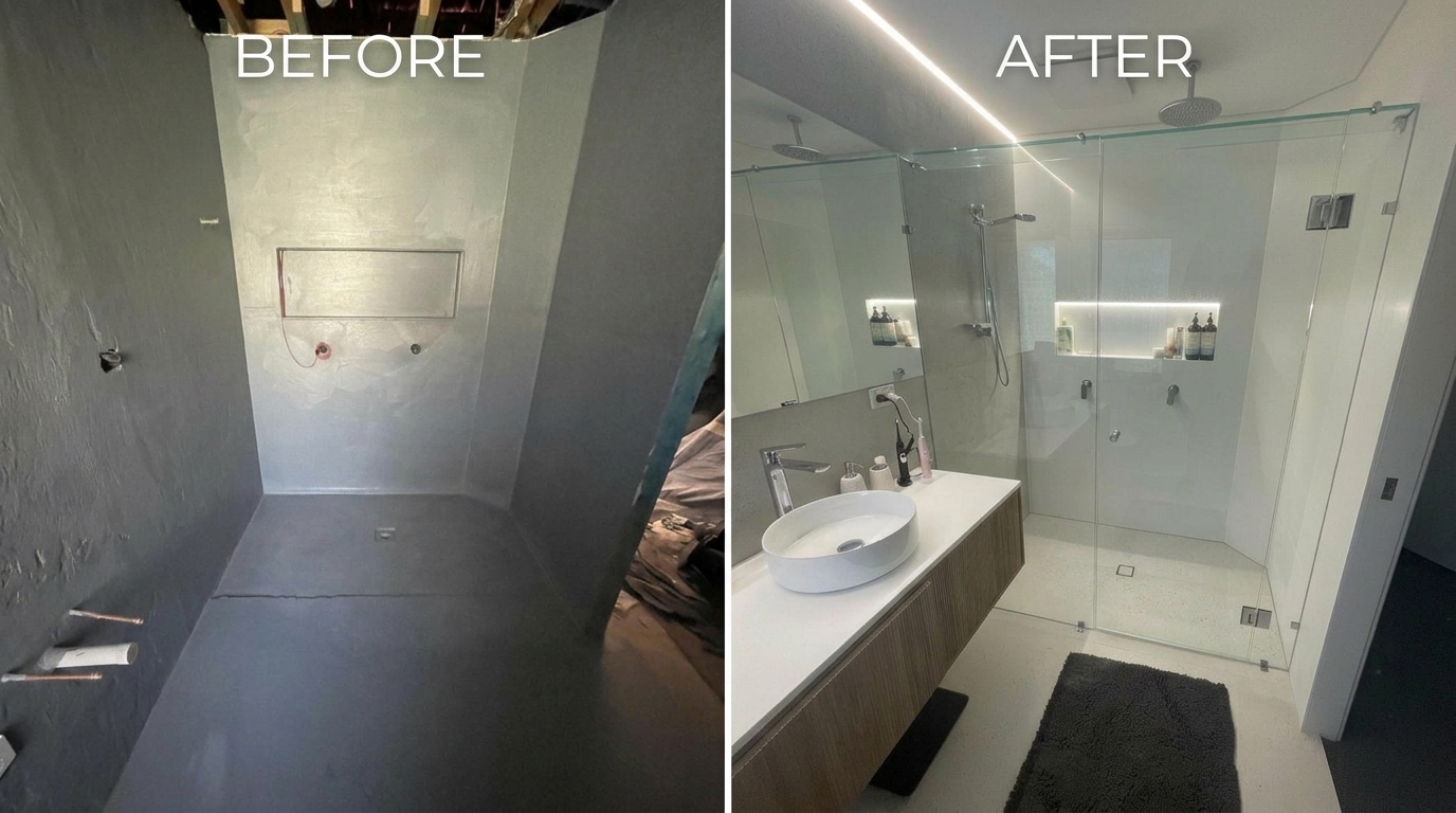 Perth bathroom before and after make-good — bare waterproofed walls and rough-in plumbing transformed into a finished luxury bathroom with vanity and frameless shower