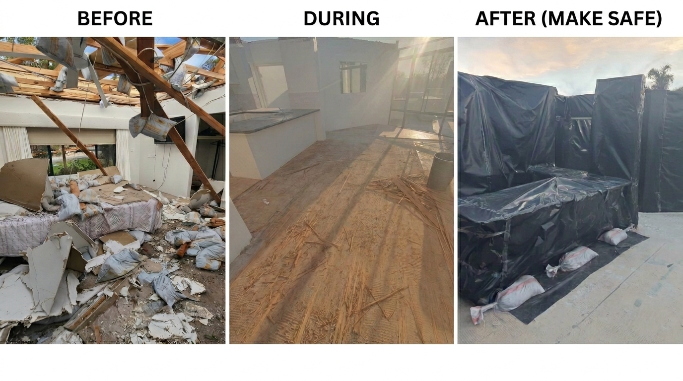 Interior storm damage with collapsed ceiling, mid clean-up, and contents wrapped and contained for make safe