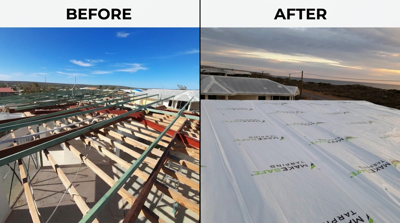 Cyclone-damaged coastal roof in WA before make safe and after Western Maintenance MakeSafe tarping installation