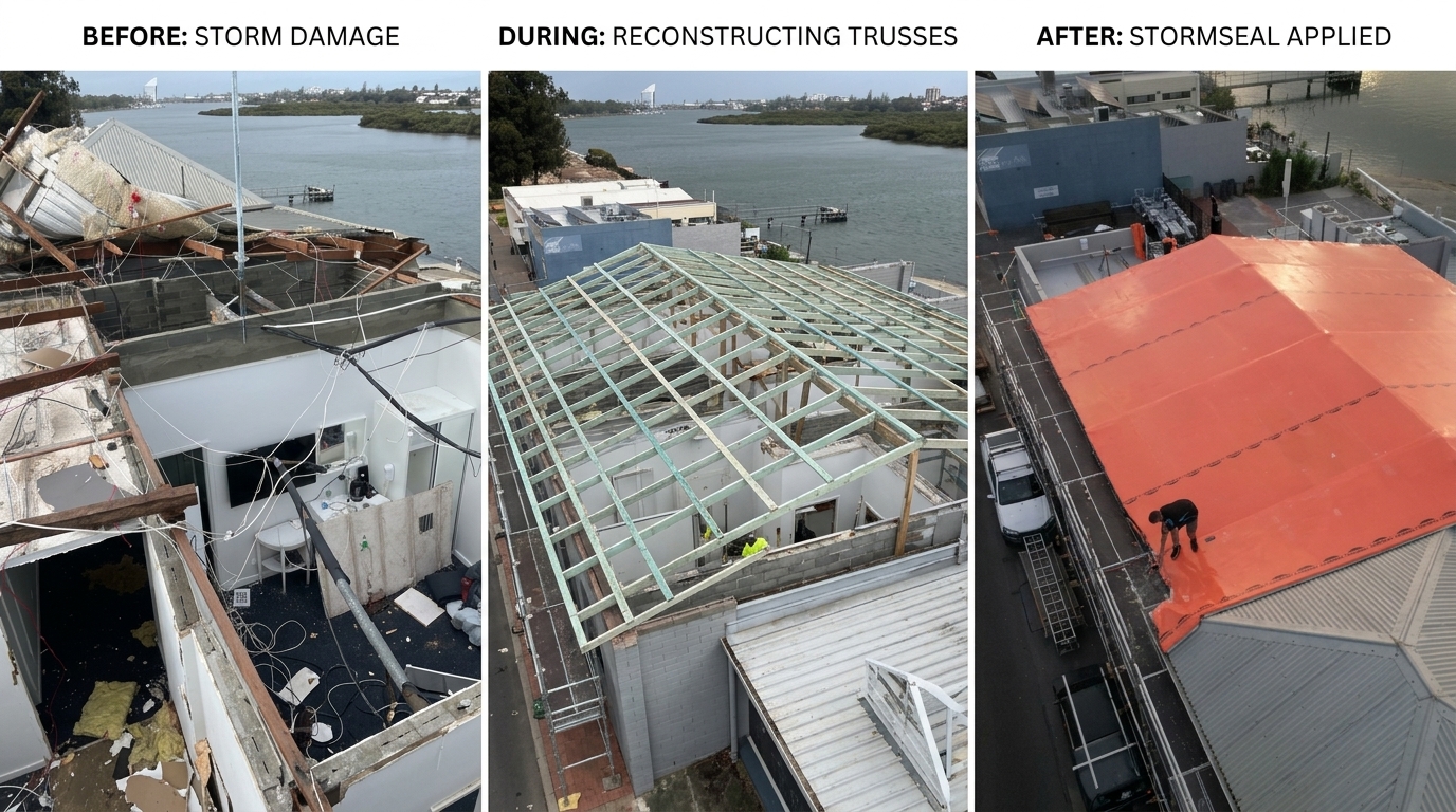 Storm-damaged Perth commercial roof — before, during truss reconstruction, and after Stormseal heat-shrink wrap applied