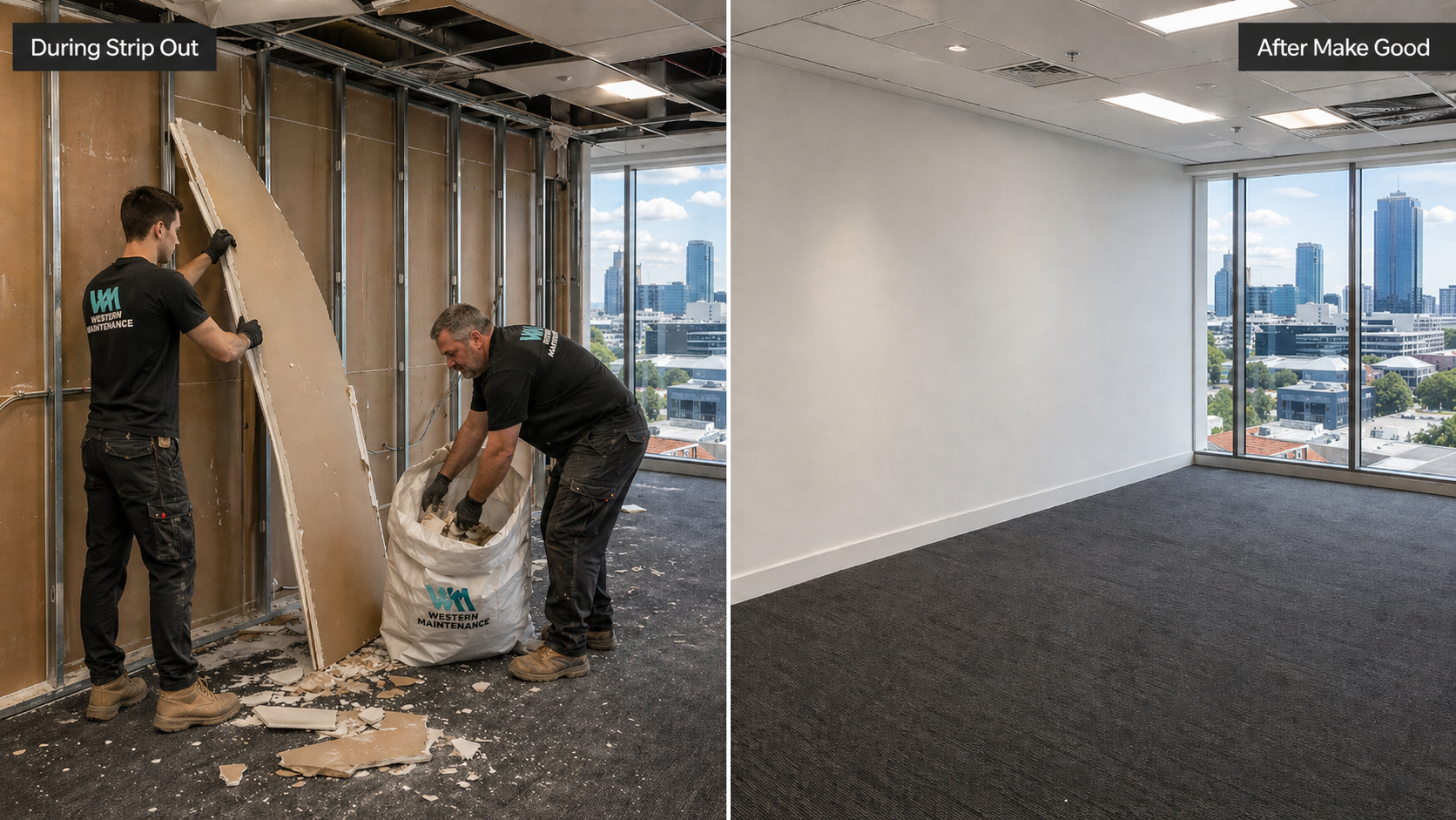 Western Maintenance crew during a Perth office strip-out, alongside the same tenancy after make-good with new carpet and repainted walls
