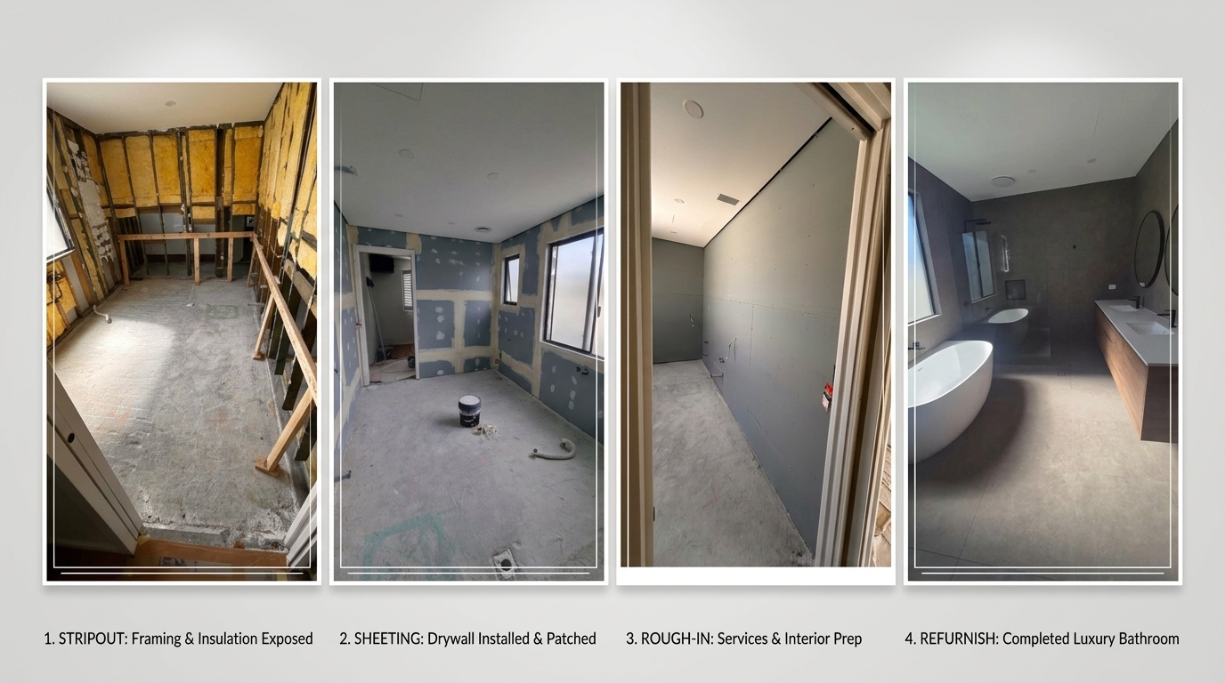 Four-stage progression of a Perth refurbishment: stripout with framing exposed, drywall sheeted and patched, services rough-in, and completed luxury bathroom