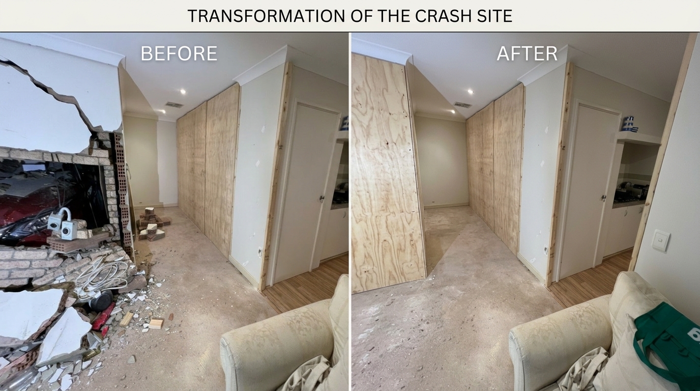 Perth home after vehicle impact through brick wall, before and after emergency board-up by Western Maintenance