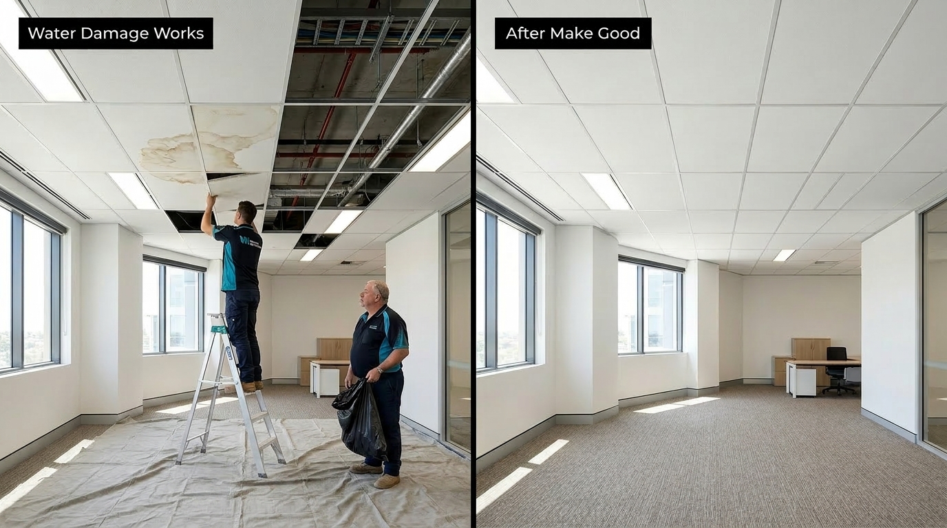 Perth commercial office ceiling water damage works — Western Maintenance crew replacing stained ceiling tiles, alongside the same office cleaned and restored after make-good
