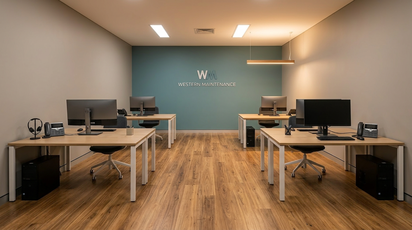 Western Maintenance coordinator on the phone at the Wangara office, managing a job through to completion