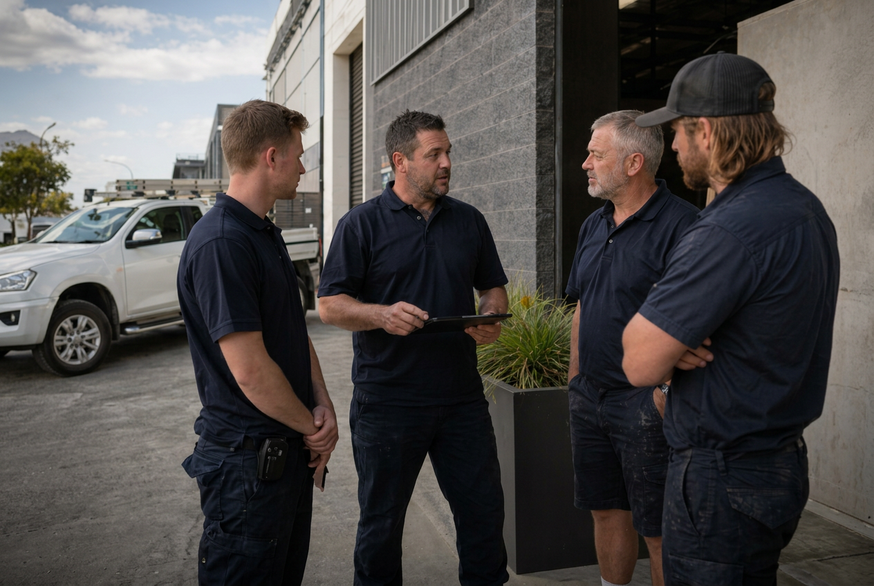 Western Maintenance crew of four tradies in matching high-vis walking onto a Perth commercial site