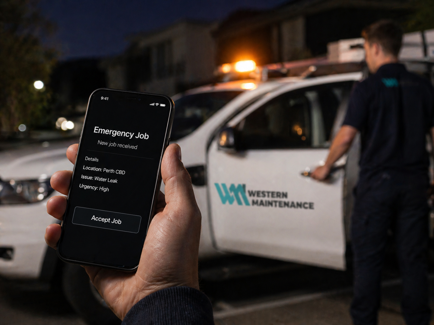 Tradesman taking an after-hours emergency callout on his phone in high-vis at night
