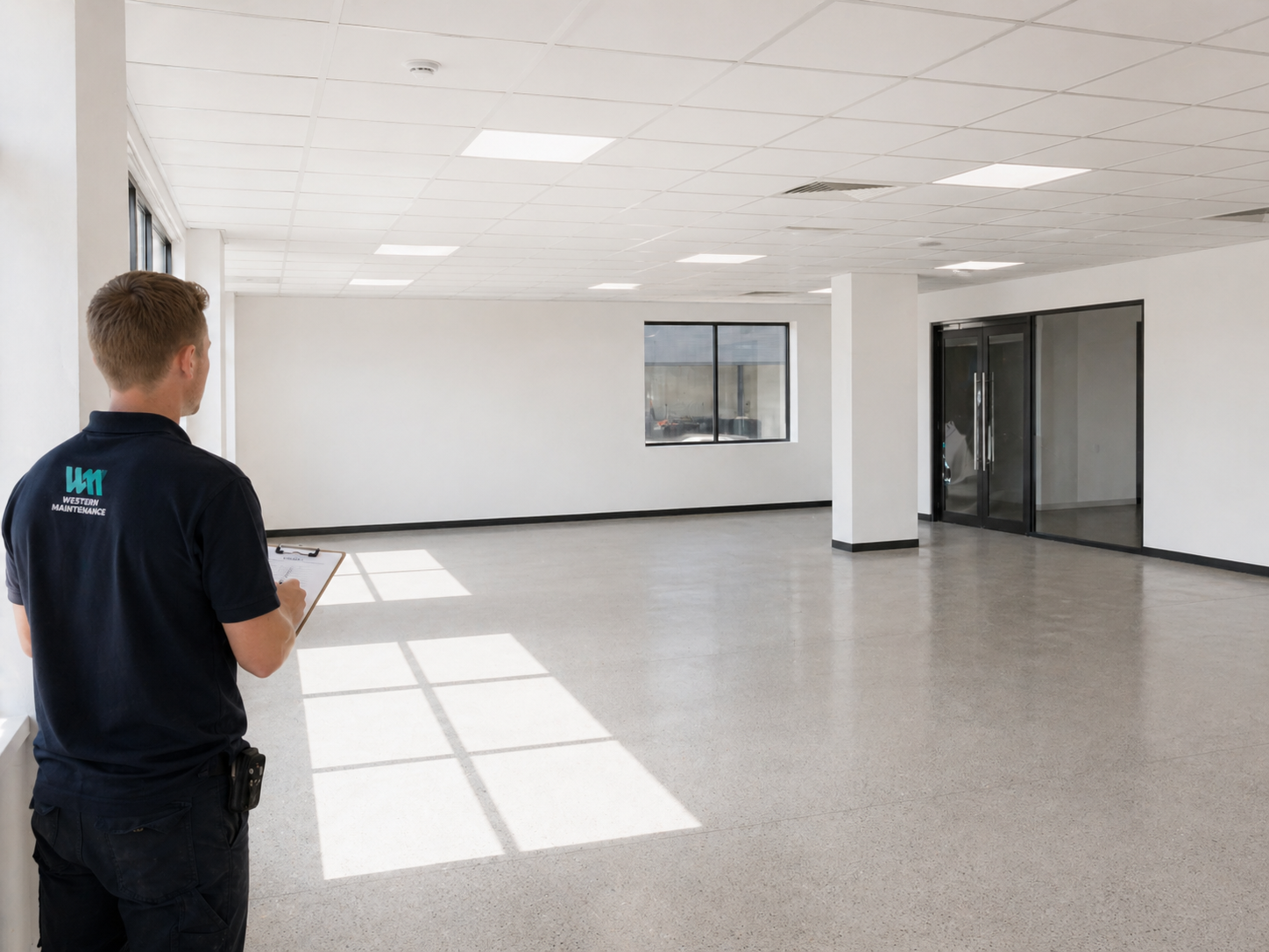 Empty commercial office tenancy after make-good with clean polished concrete floor and fresh white walls