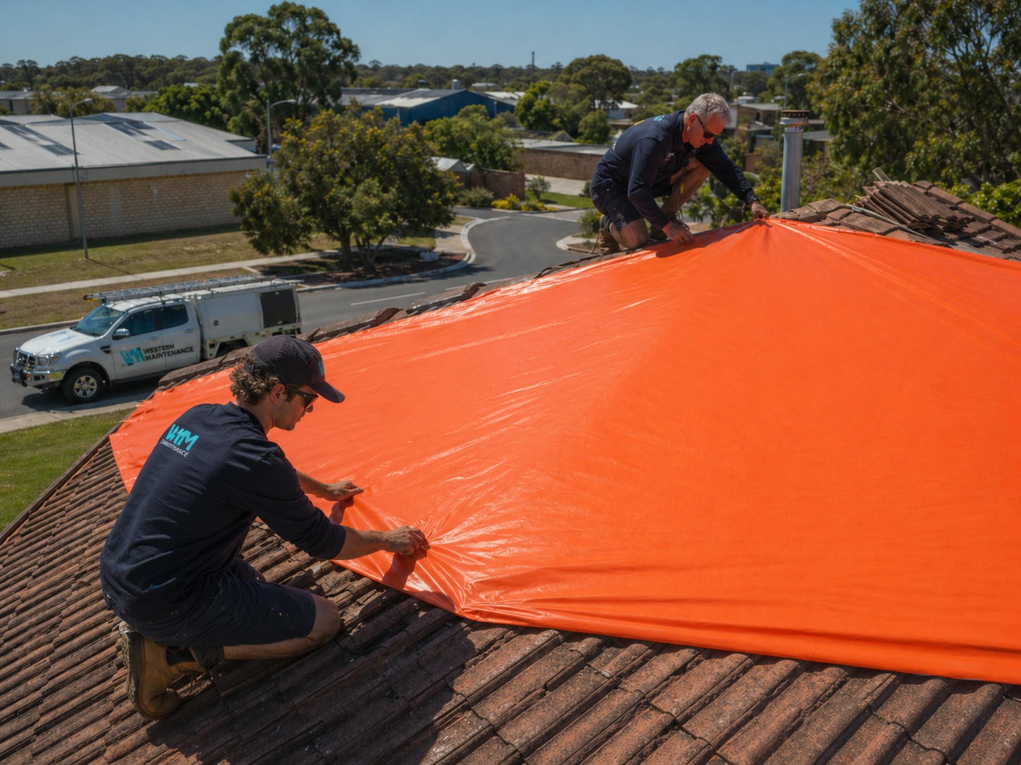 Western Maintenance crew installing a plywood board-up over a smashed Perth shopfront