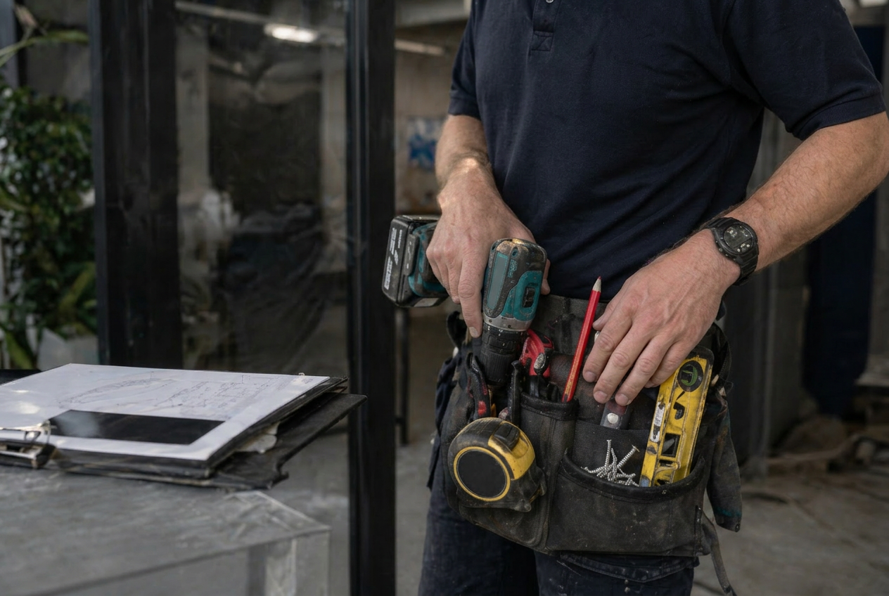 Maintenance tradesman with cordless drill, tape measure and tool belt ready for multi-trade work