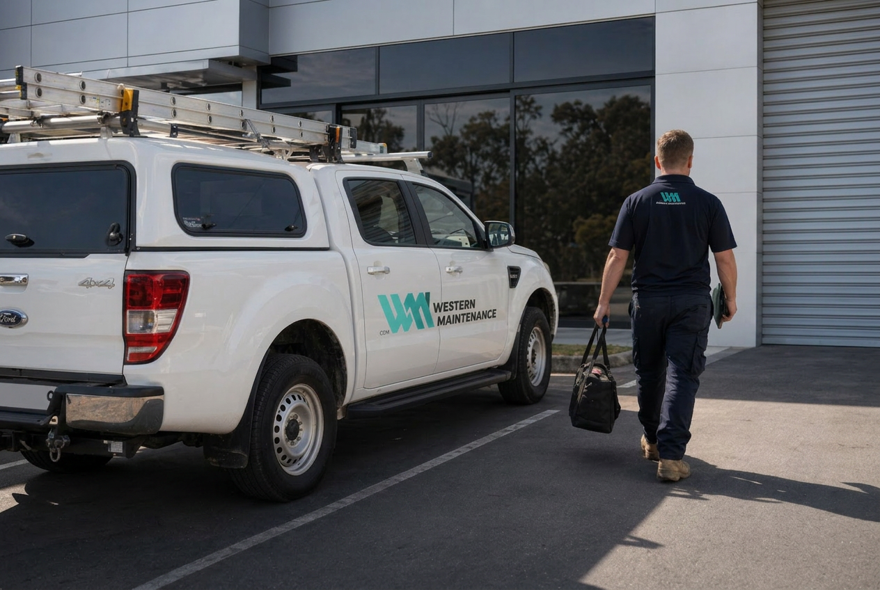 Western Maintenance work ute parked at a Perth commercial site under bright Australian daylight